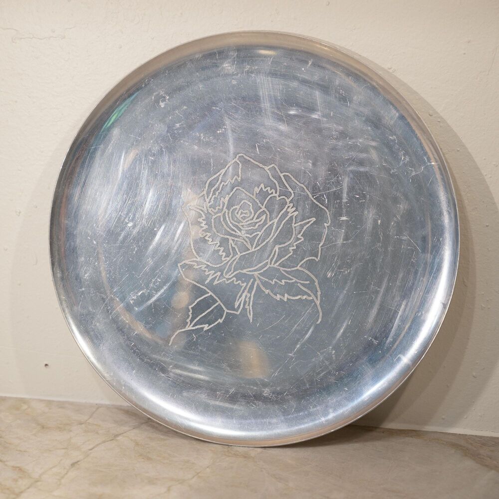 Vintage Etched Rose Silver Tray 12in Diameter